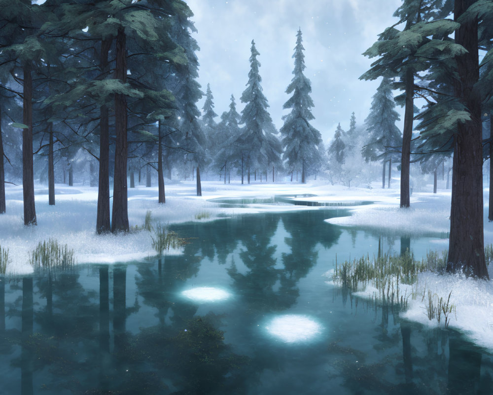 Snow-covered forest with evergreen trees by calm blue river
