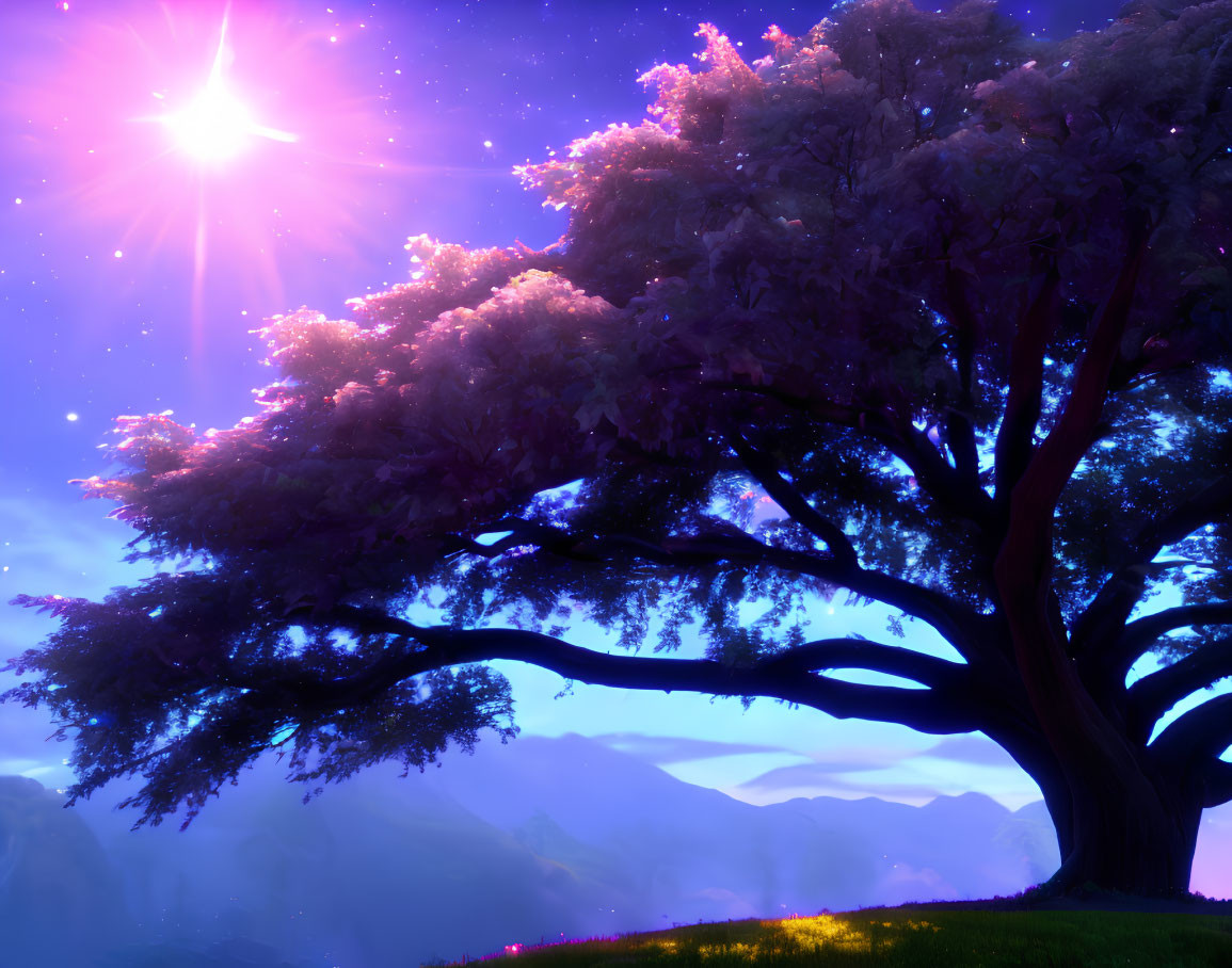 Majestic tree with pink foliage under starry sky and sun, mountains and colorful flora landscape