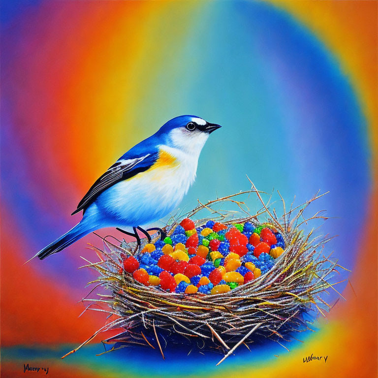 Vibrant painting: Blue bird on candy-filled nest against rainbow background