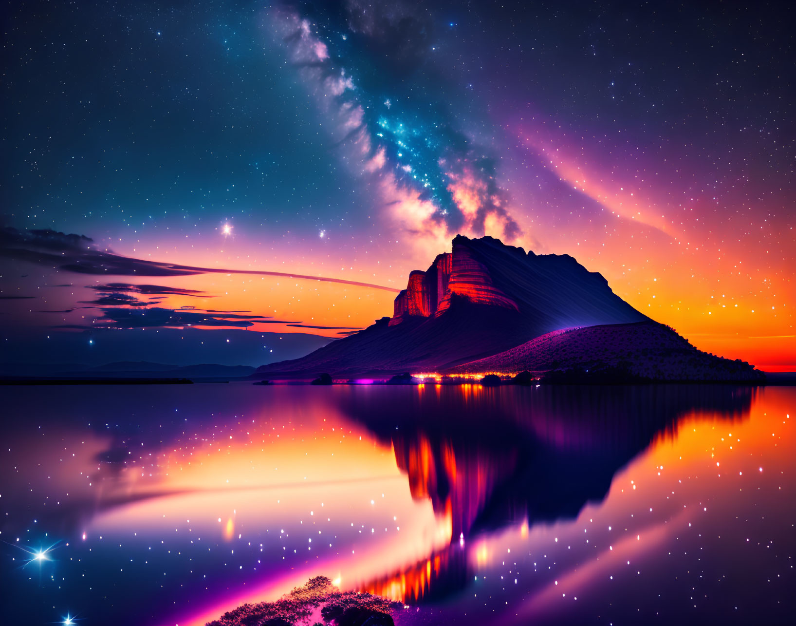 Mountain Reflection in Tranquil Water Beneath Purple Starry Sky