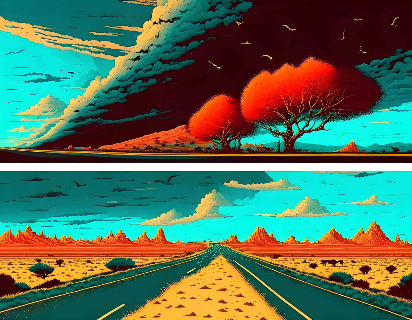 Colorful digital artwork: Contrasting landscapes, vibrant skies, orange terrain, red foliage, birds in