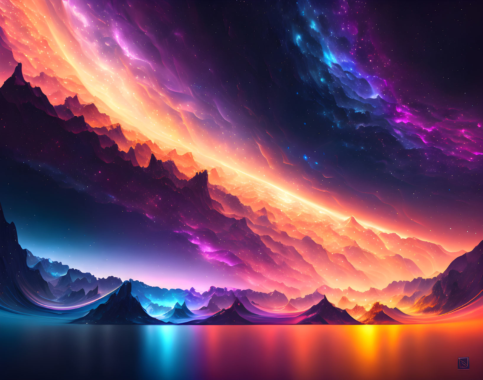 Colorful digital artwork: cosmic landscape, neon hues, dramatic mountains, reflective water, starry sky