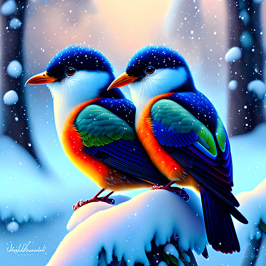 Colorful stylized birds on snow-covered branch with falling snowflakes.