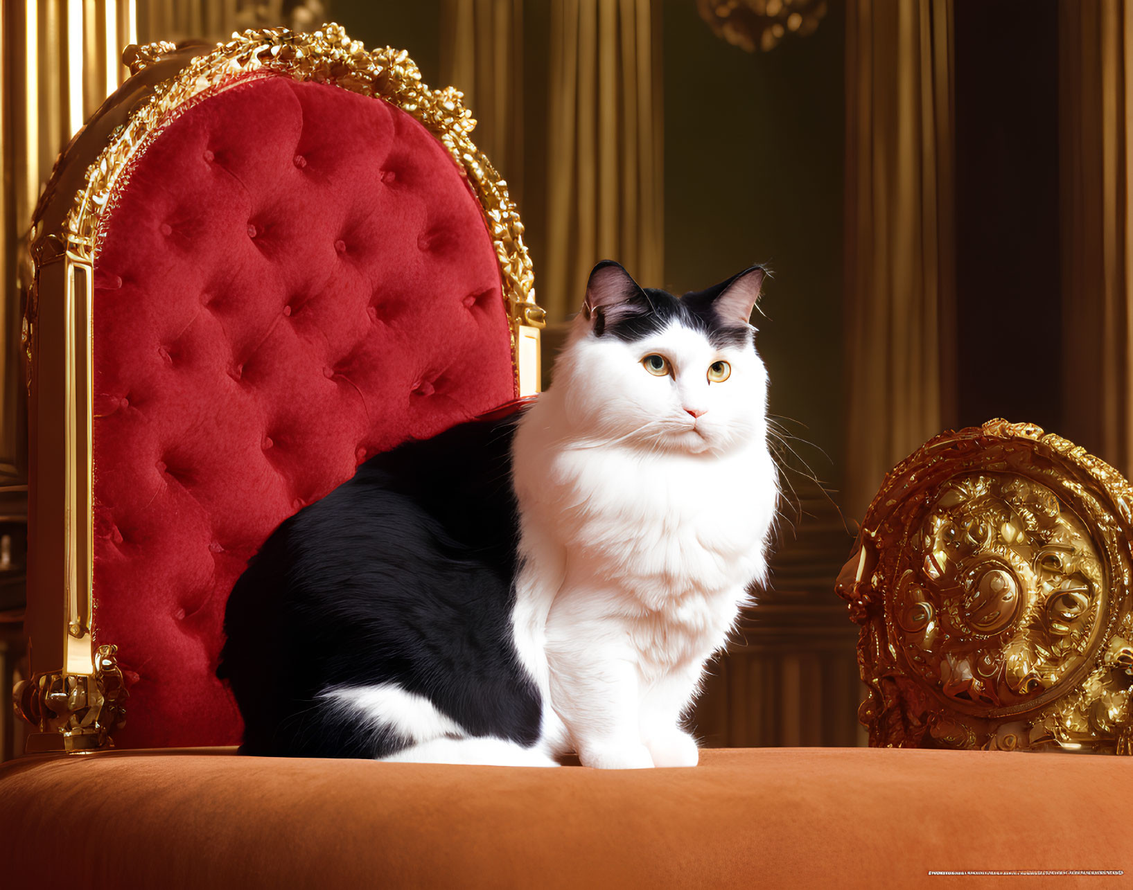 Regal black and white cat on red and gold velvet throne