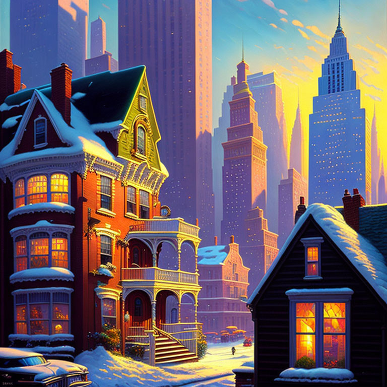 Snow-covered houses at dusk with warm lights against city skyscrapers
