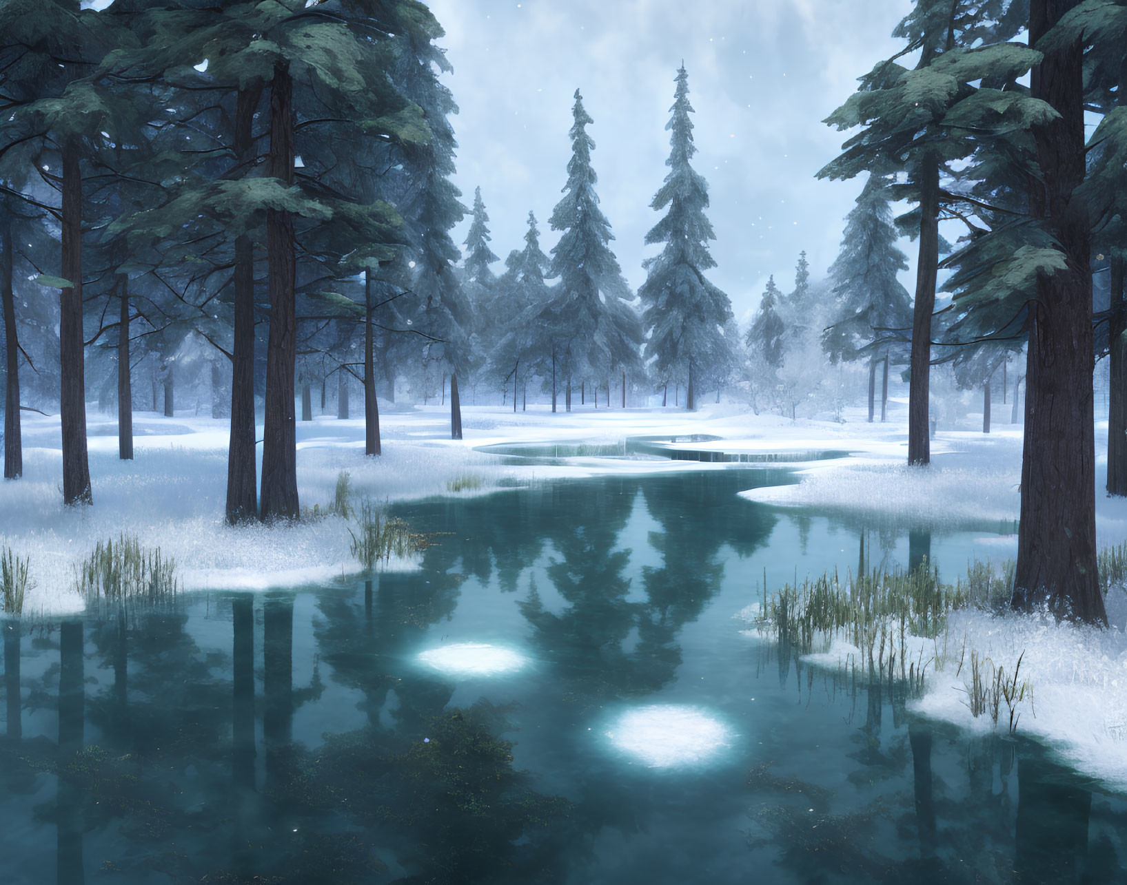 Snow-covered forest with evergreen trees by calm blue river