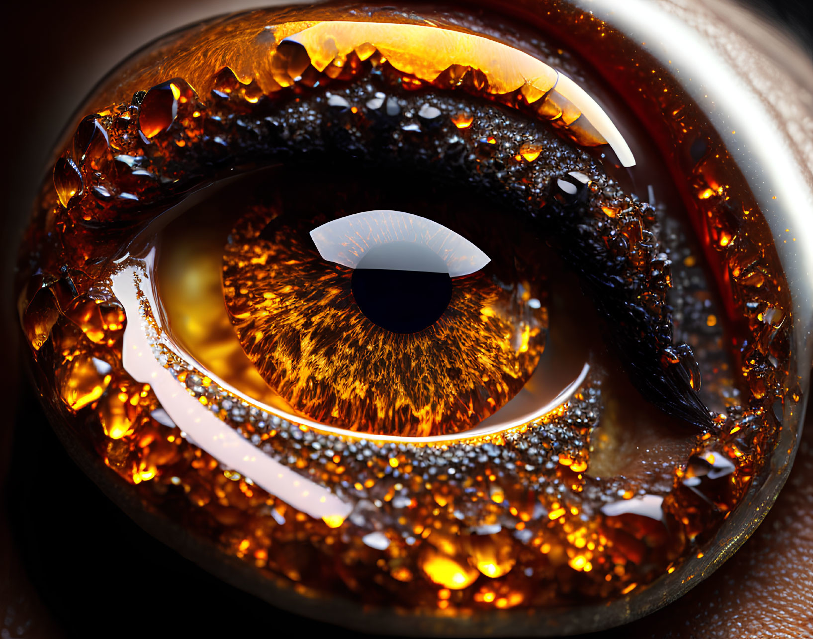 Detailed Amber Iris with Moisture Droplets Reflecting Light