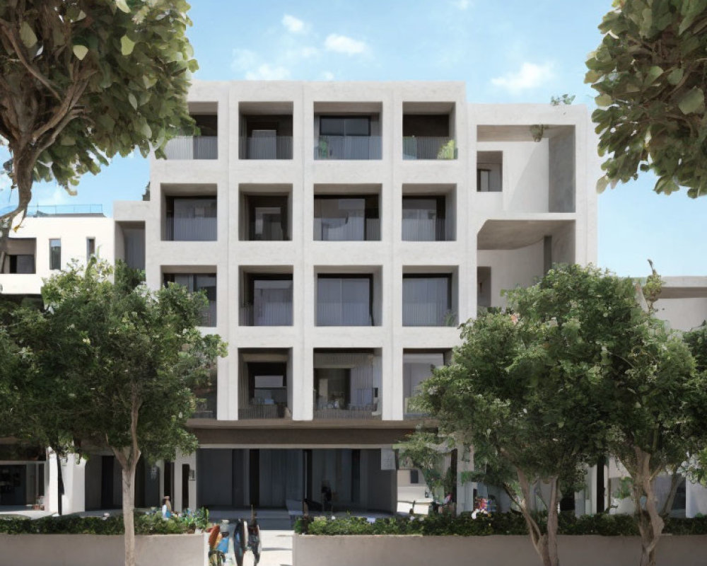 Symmetric Grid Facade Apartment Building with Large Windows
