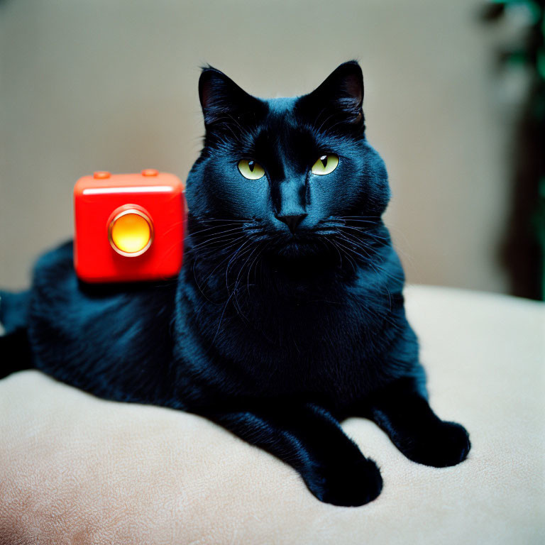 Black Cat with Yellow Eyes Next to Red Toy Camera on Beige Surface