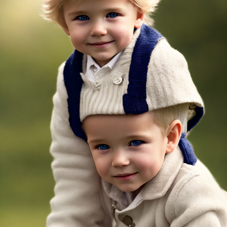 Portrait of Two Young Children with Striking Blue Eyes in Beige and Navy Outfits