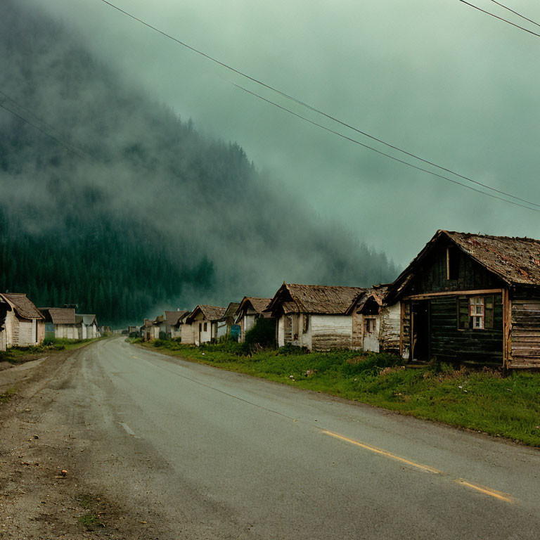 Desolate misty road with dilapidated houses and foggy forest