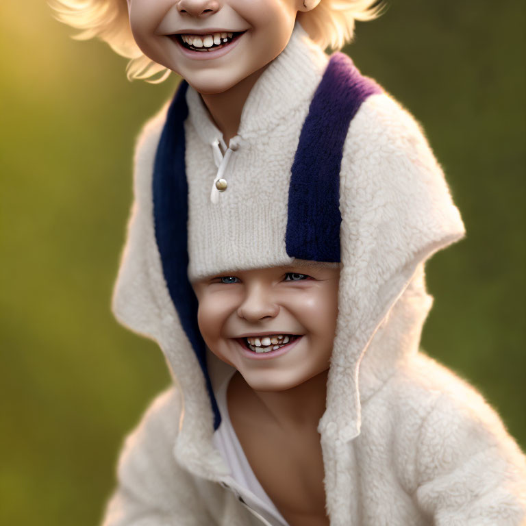 Happy kids in fuzzy hooded outfits smiling broadly
