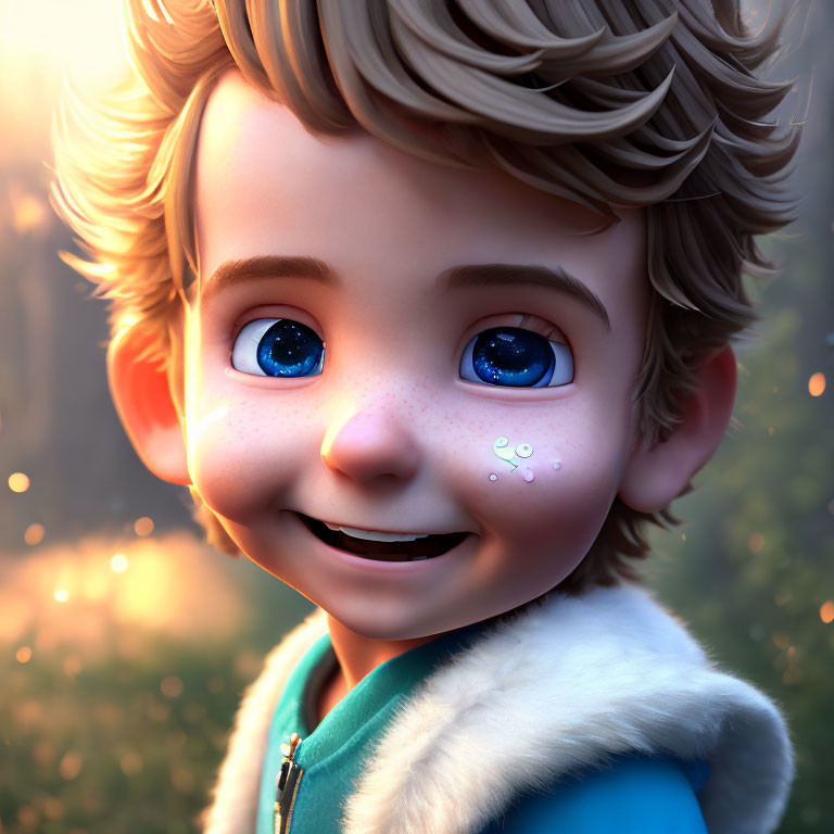 Young boy with sparkling blue eyes and freckles in warm, sunlit setting