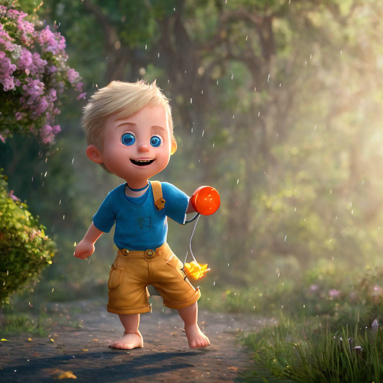 Animated toddler with red balloon and wind-up toy in sunny scene