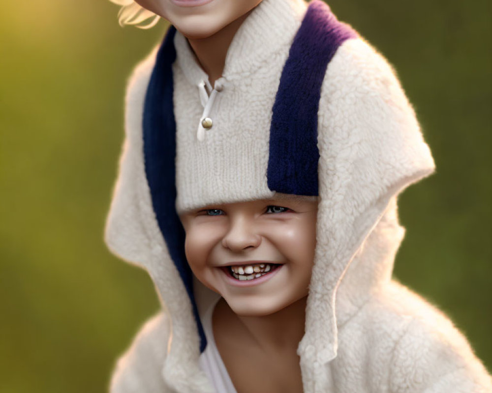 Happy kids in fuzzy hooded outfits smiling broadly