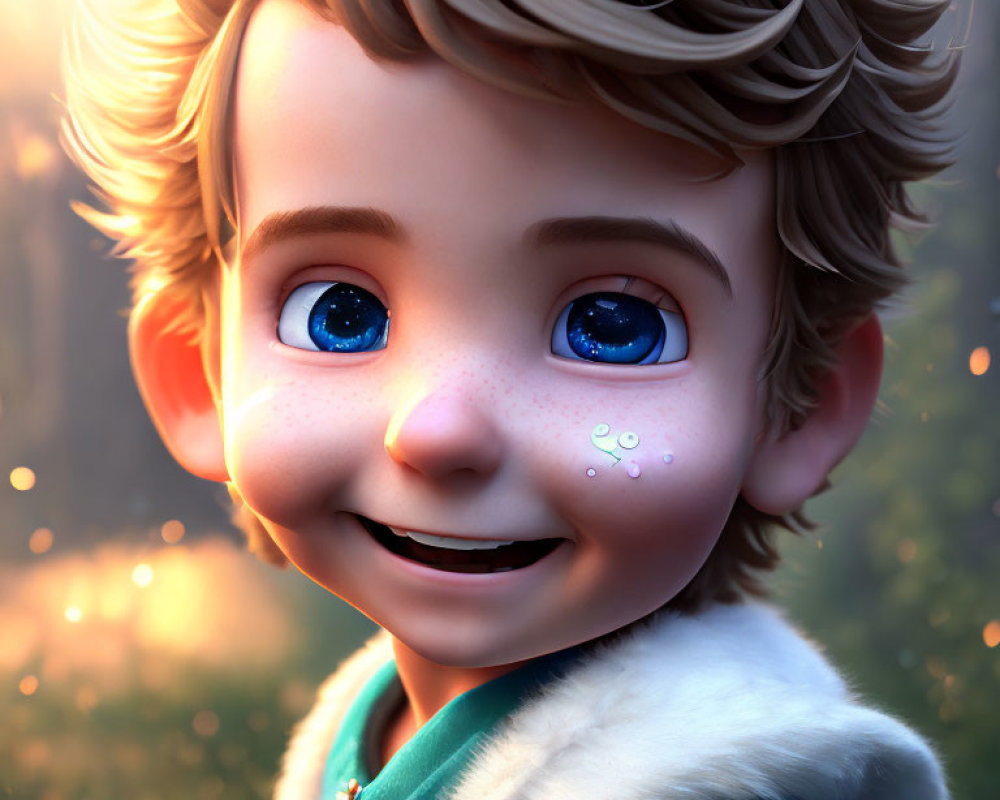 Young boy with sparkling blue eyes and freckles in warm, sunlit setting