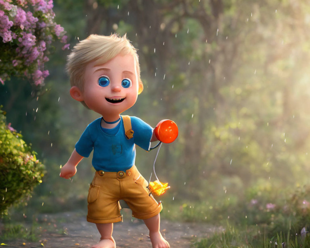 Animated toddler with red balloon and wind-up toy in sunny scene