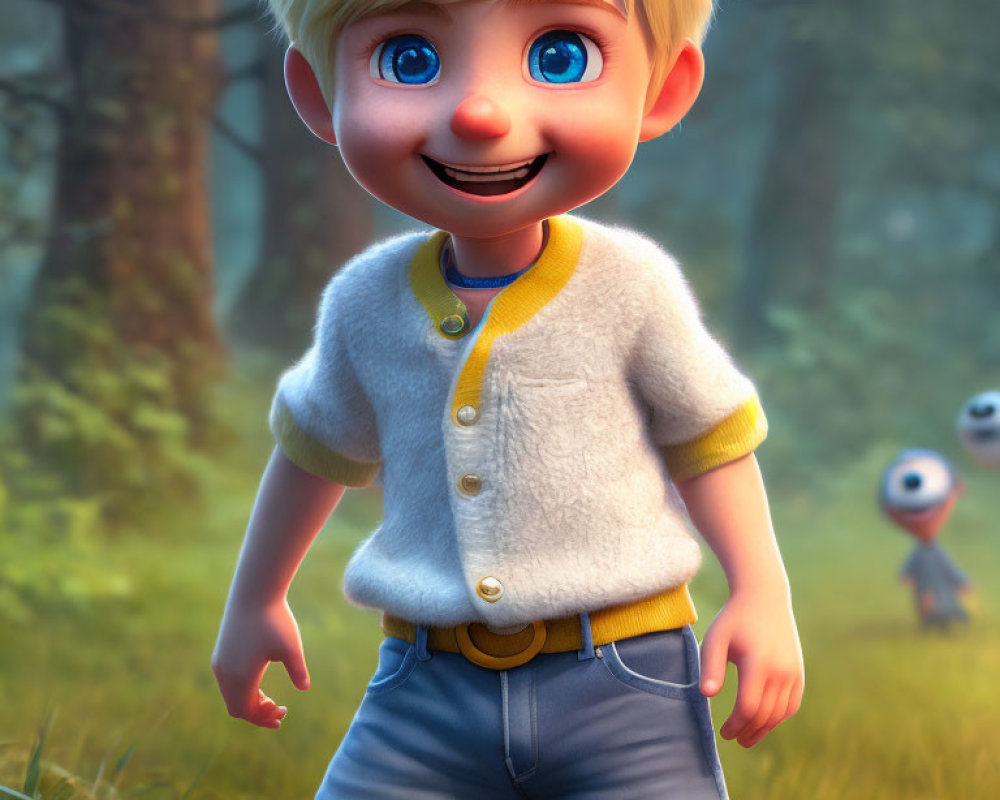 Cheerful young boy 3D render in forest with blonde hair and blue eyes