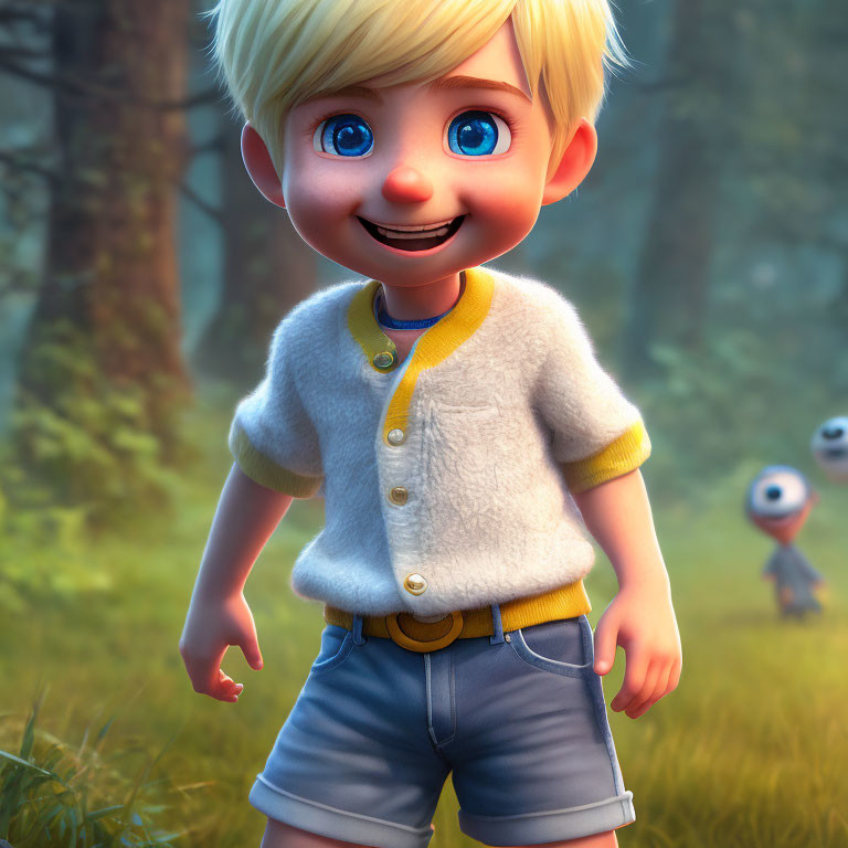 Cheerful young boy 3D render in forest with blonde hair and blue eyes