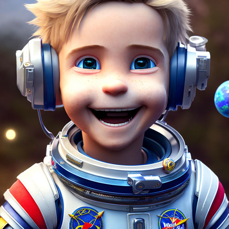Young boy astronaut with blue eyes, big smile, space suit, headphones, Earth graphic