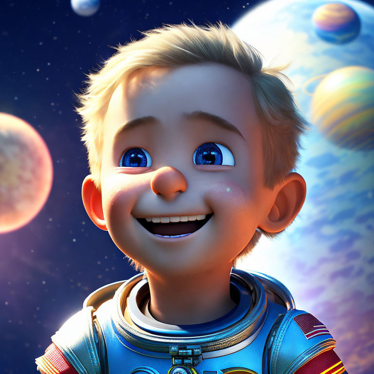 Young boy in spacesuit amazed by glowing planets and stars