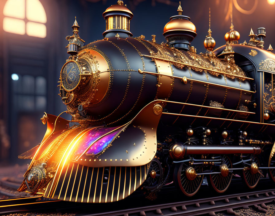 Elaborately detailed steampunk-style train on tracks