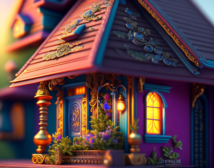 Colorful 3D illustration of whimsical house with intricate details