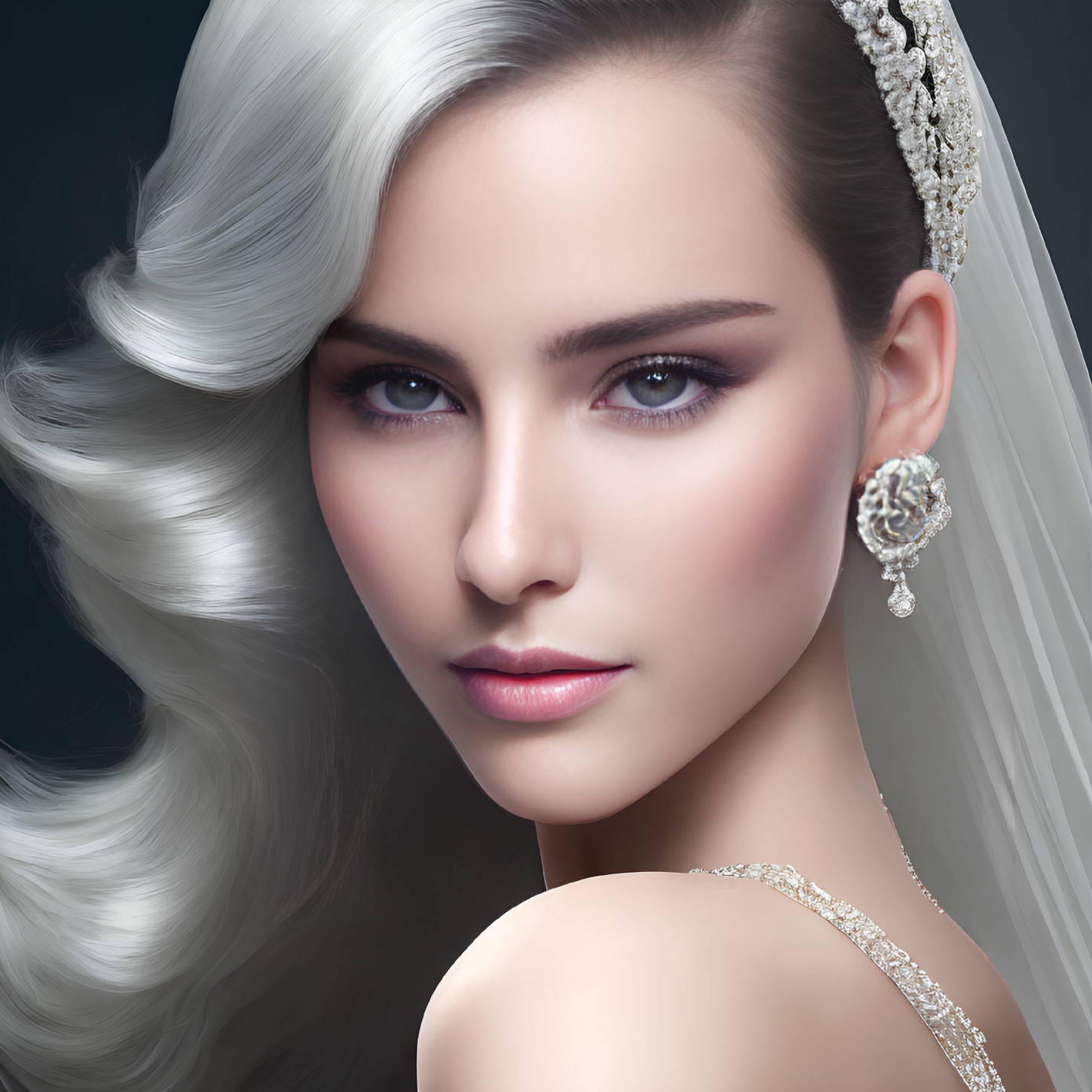 Portrait of woman with flowing white hair, purple eyeshadow, sparkling earring.
