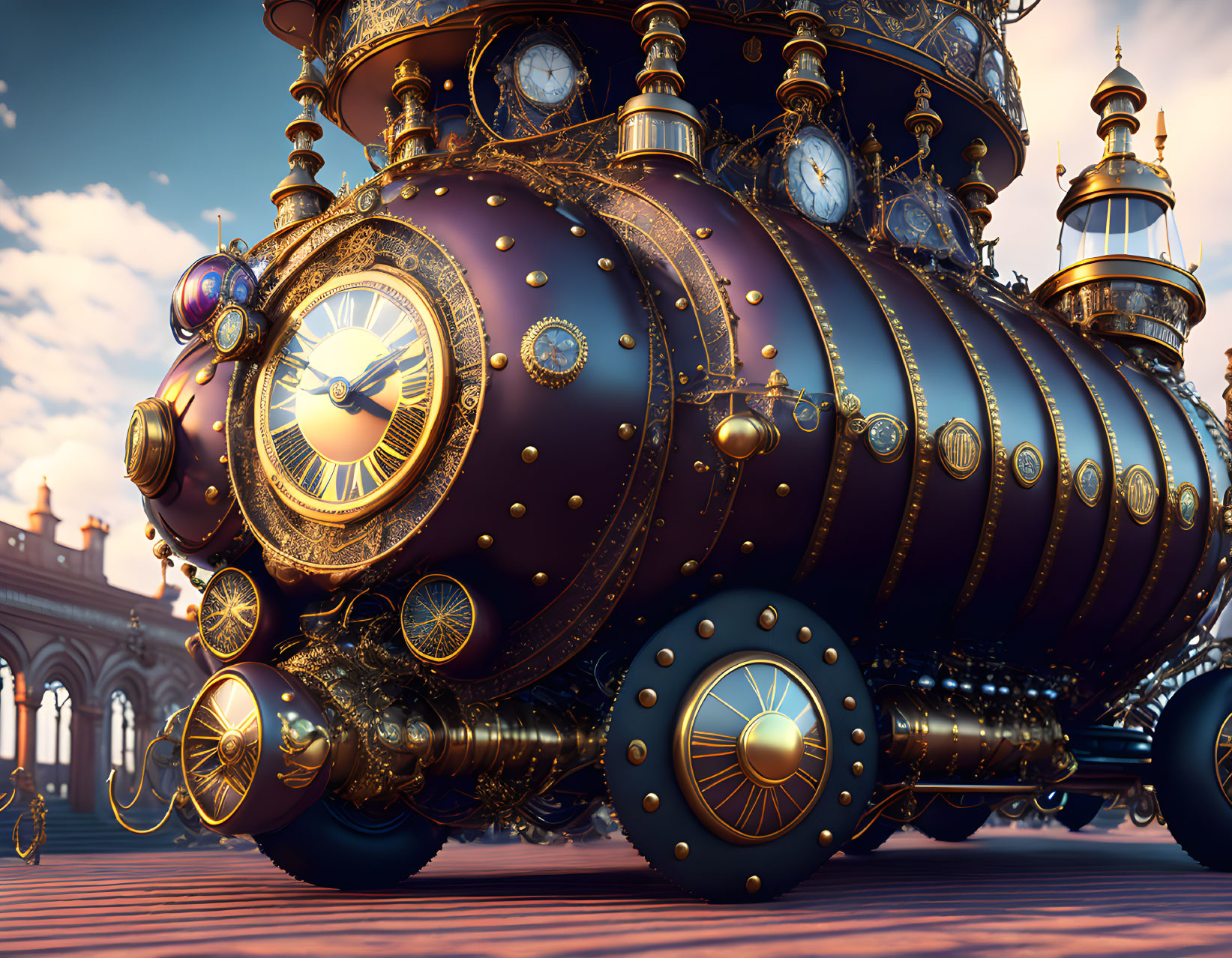 Steampunk locomotive with golden details and clock elements in vintage railway station.
