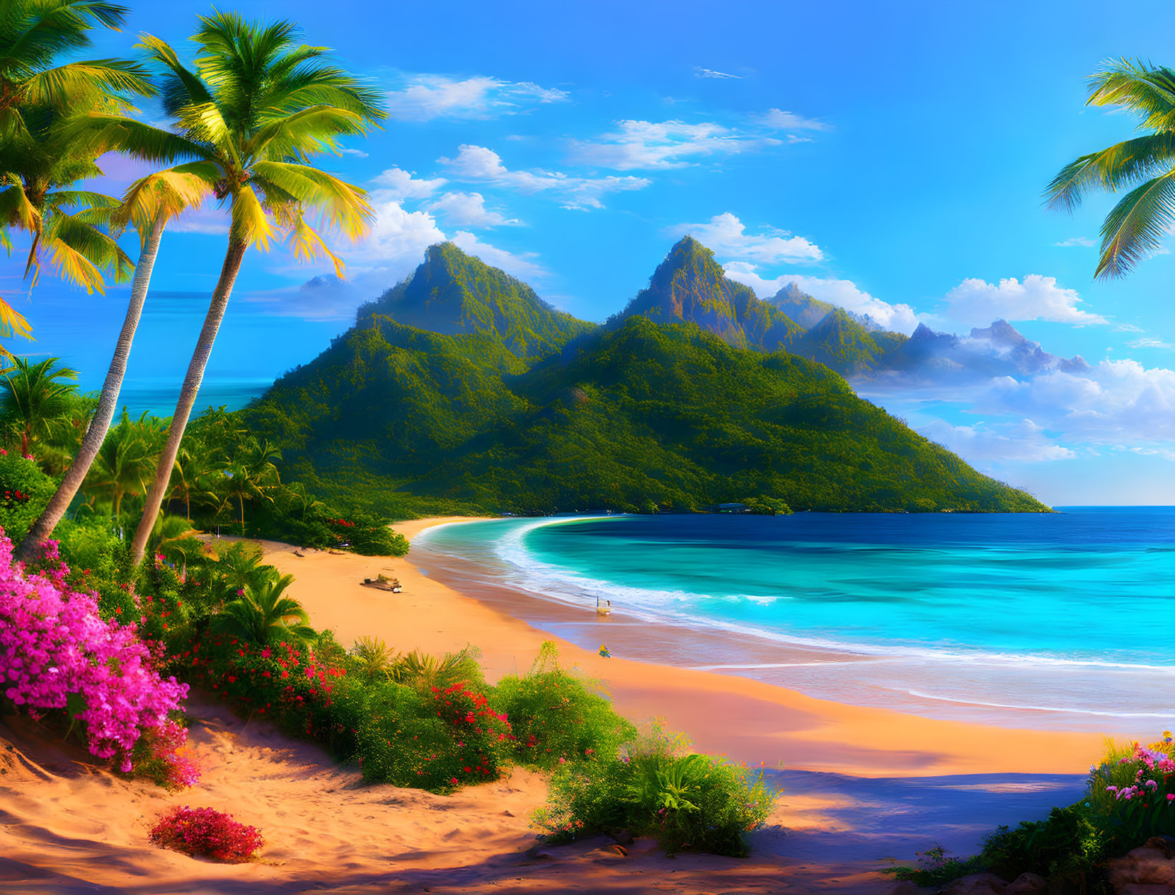 Idyllic Tropical Beach Scene with Palm Trees, Flowers, Sea, Mountains, and Lone Figure