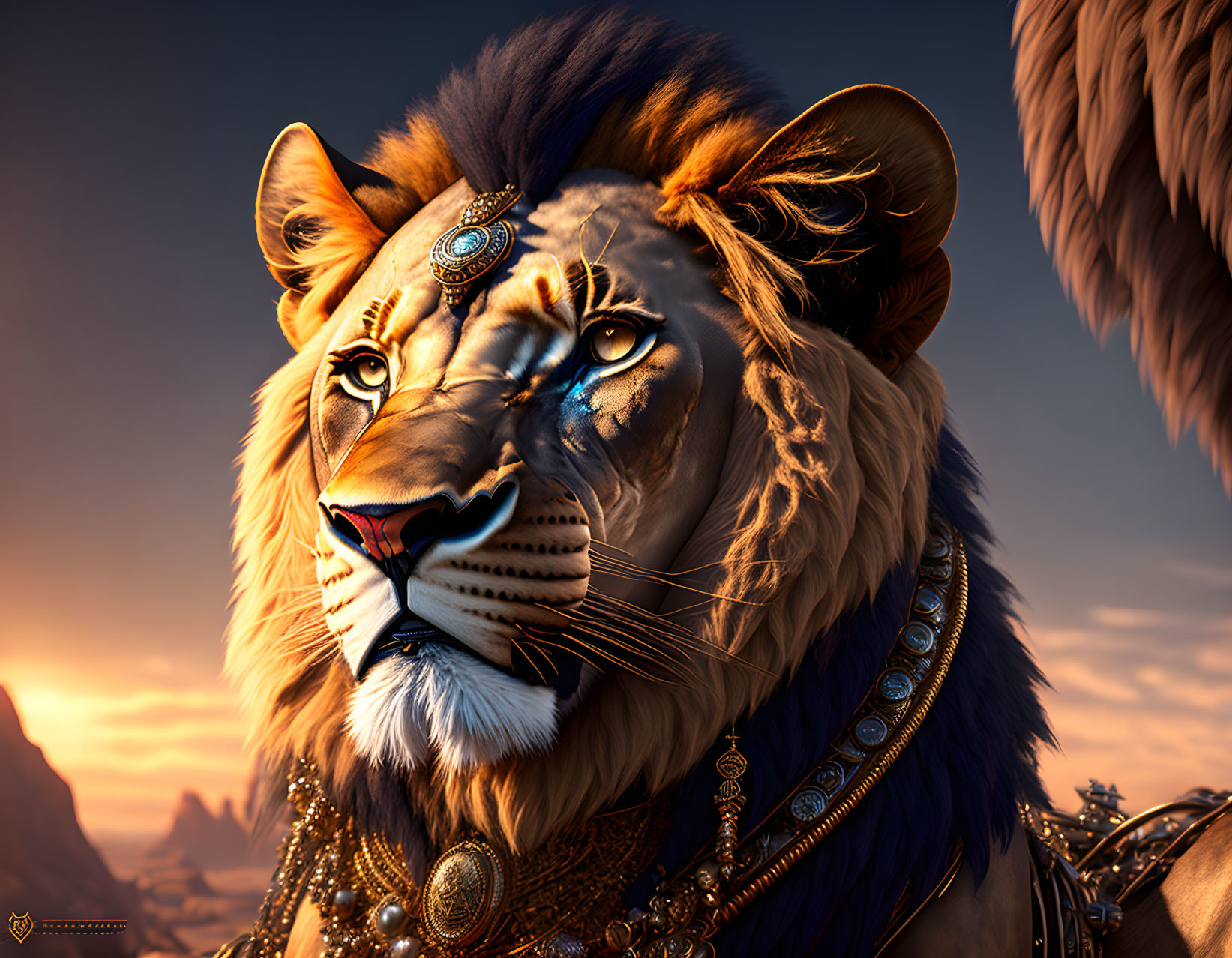 Anthropomorphic lion with blue eyes and jewelry against dusky sky
