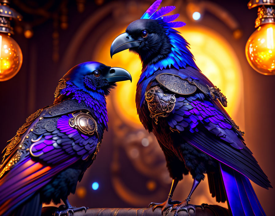 Ornate metallic-armored ravens under warm ambient lighting