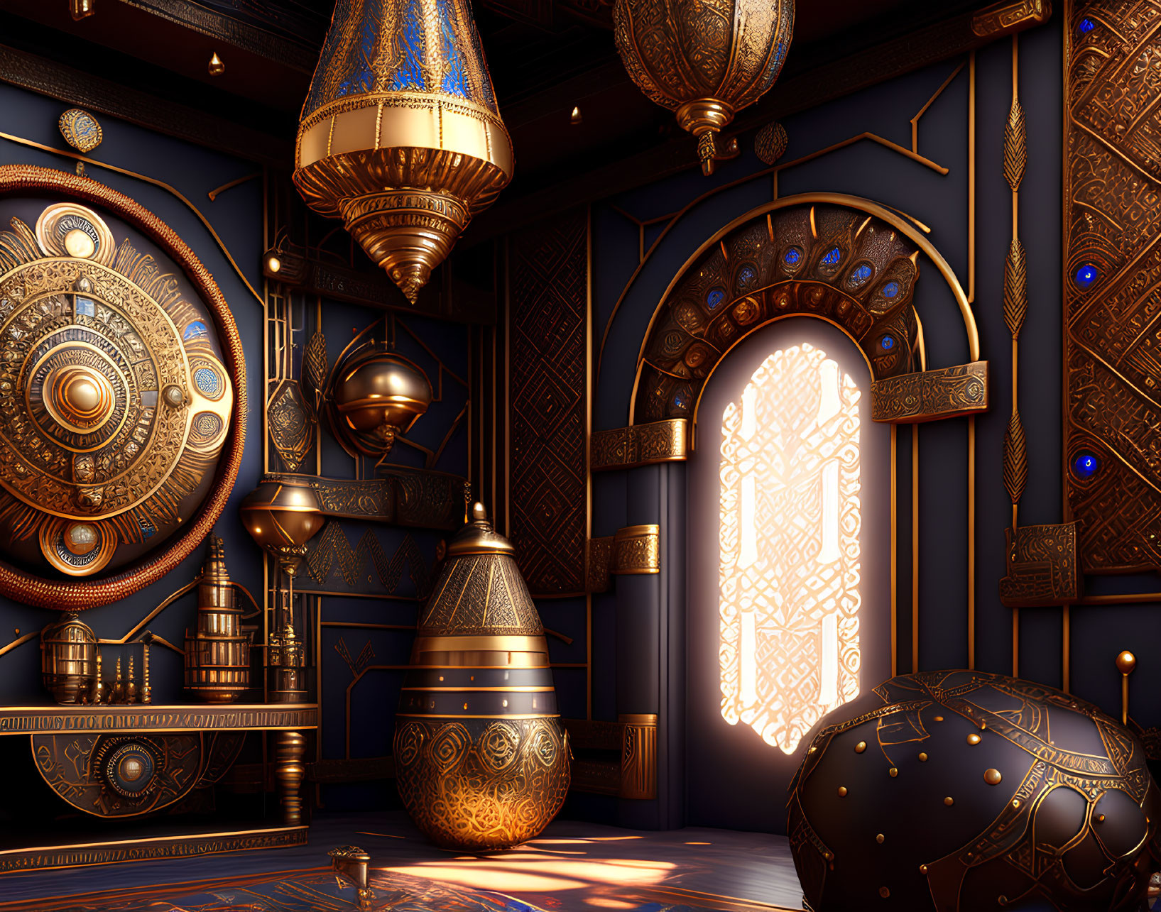Luxurious navy room with golden patterns, ornate lanterns, and central astronomical instrument.