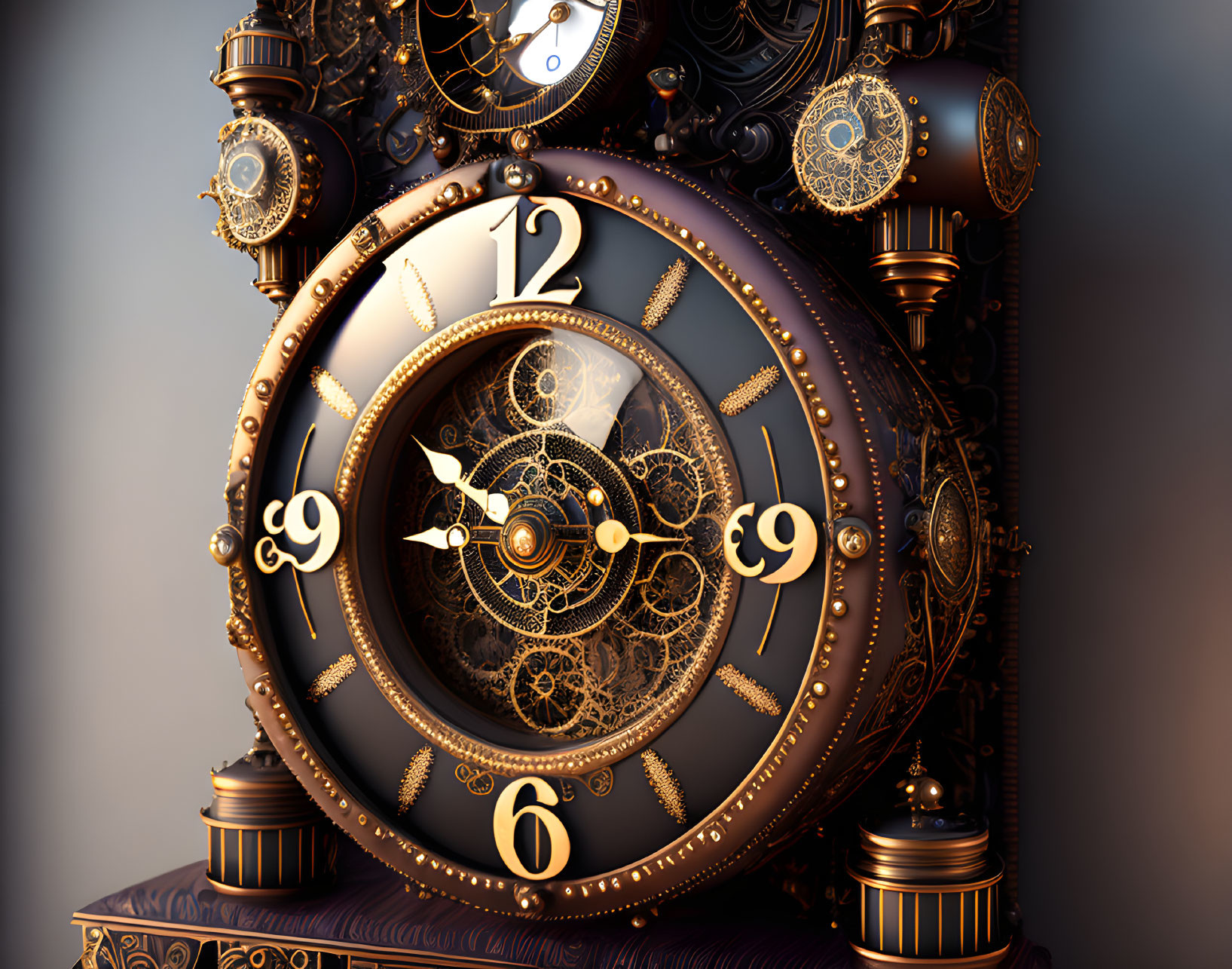 Steampunk-inspired ornate clock with golden and bronze color palette