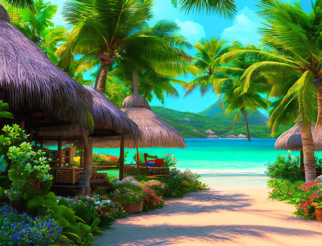 Tropical beach scene with thatched huts, palm trees, flowers, and blue ocean