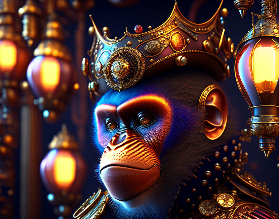 Colorful Digital Artwork: Mandrill in Crown & Jewelry with Vintage Lanterns