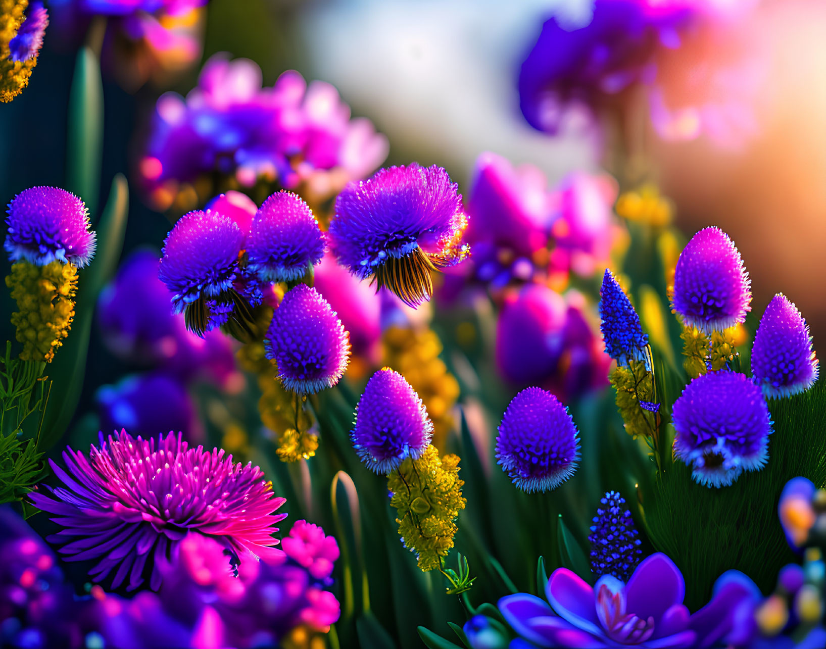 Colorful Garden with Purple, Pink, and Yellow Flowers in Golden Sunlight