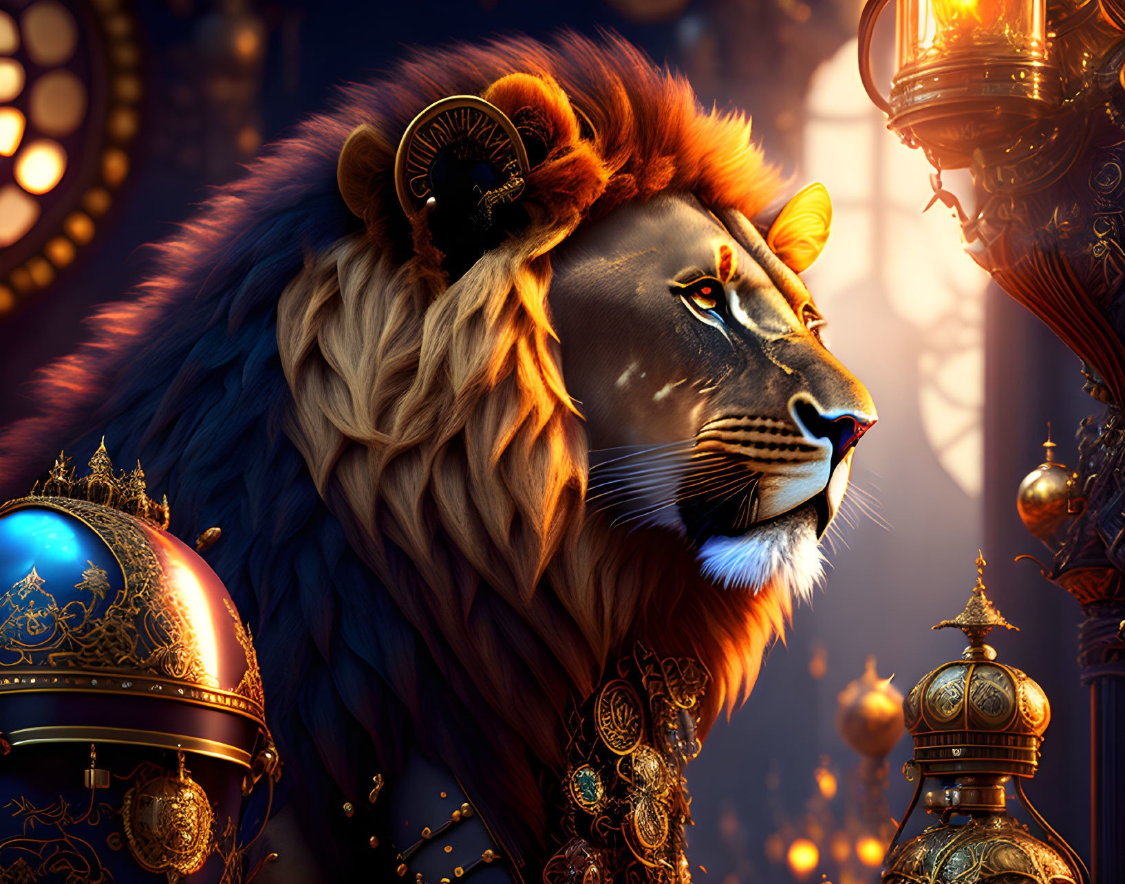 Majestic lion with ornate headdress and golden ornaments.