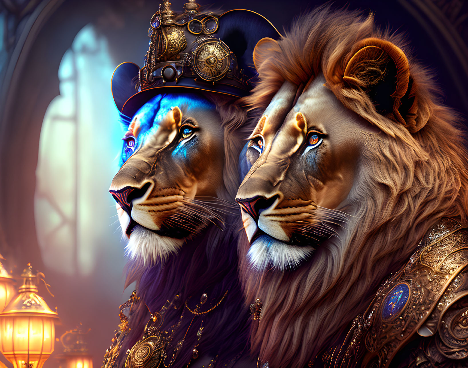 Majestic lions in regal attire with steampunk style, against mystical backdrop