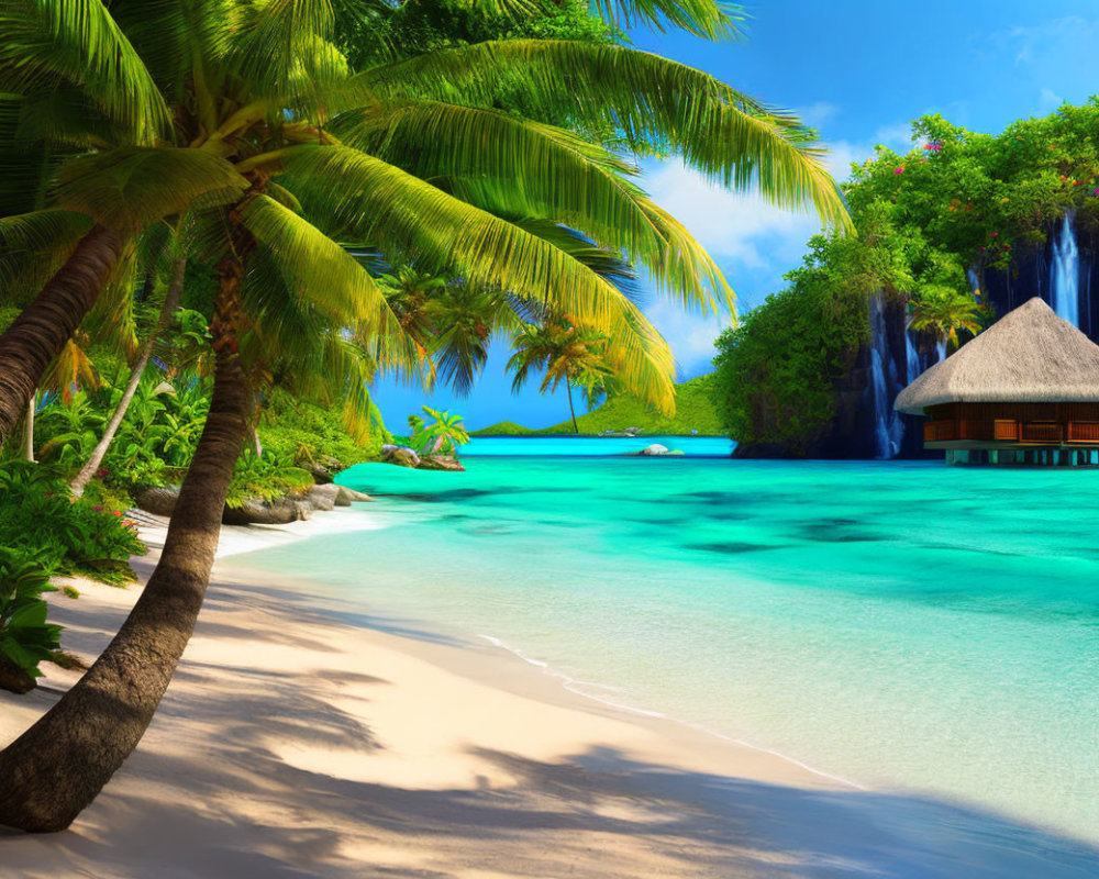 Sandy Beach, Palm Trees, Waterfall, Thatched Hut in Tropical Paradise