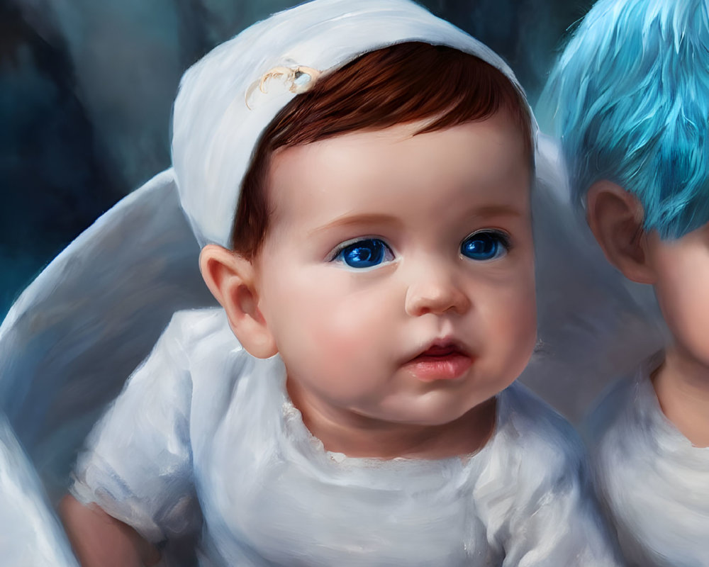 Baby in White Bonnet with Blue Eyes Digital Painting - Second Figure in Soft Focus