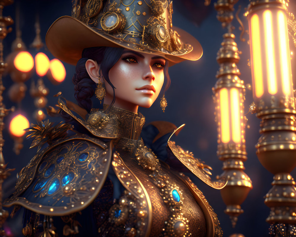 Steampunk-themed female figure in golden armor and top hat with gears and gemstones, surrounded by
