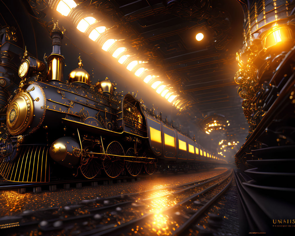 Steampunk-style train with golden accents in dark industrial setting