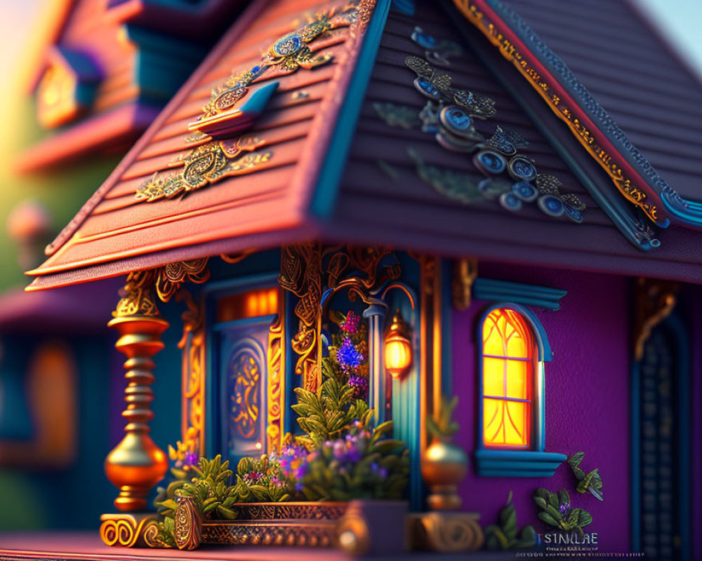 Colorful 3D illustration of whimsical house with intricate details