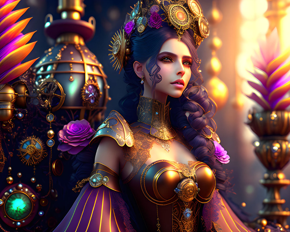 Fantasy Queen with Golden Crown, Armor, Magical Artifacts, and Exotic Flowers