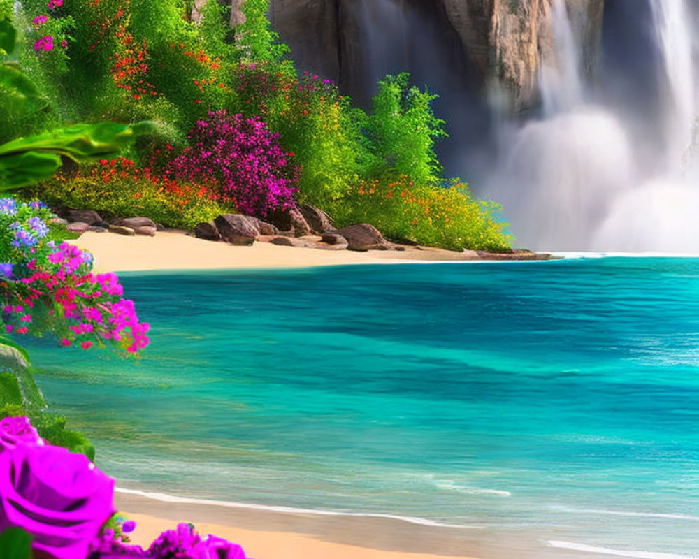 Tropical waterfall cascading into blue sea amidst lush greenery