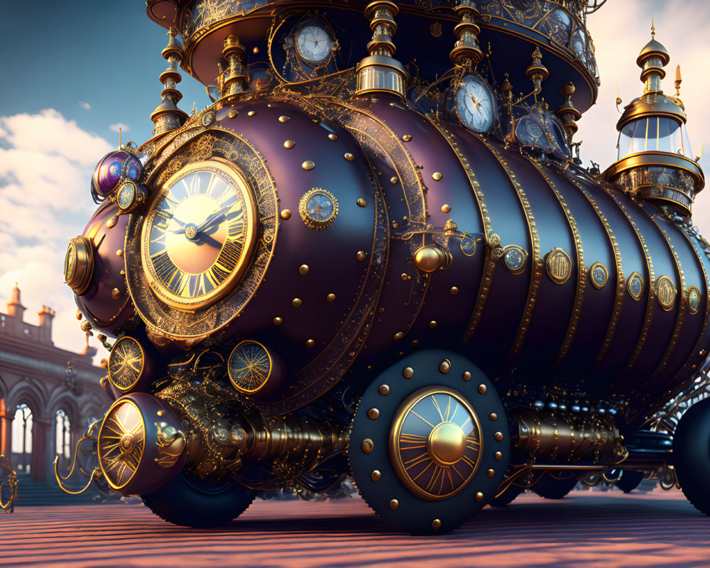 Steampunk locomotive with golden details and clock elements in vintage railway station.