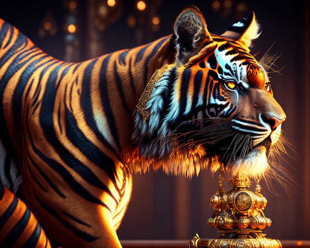 Striking tiger with vivid orange and black stripes on warm bokeh-lit background