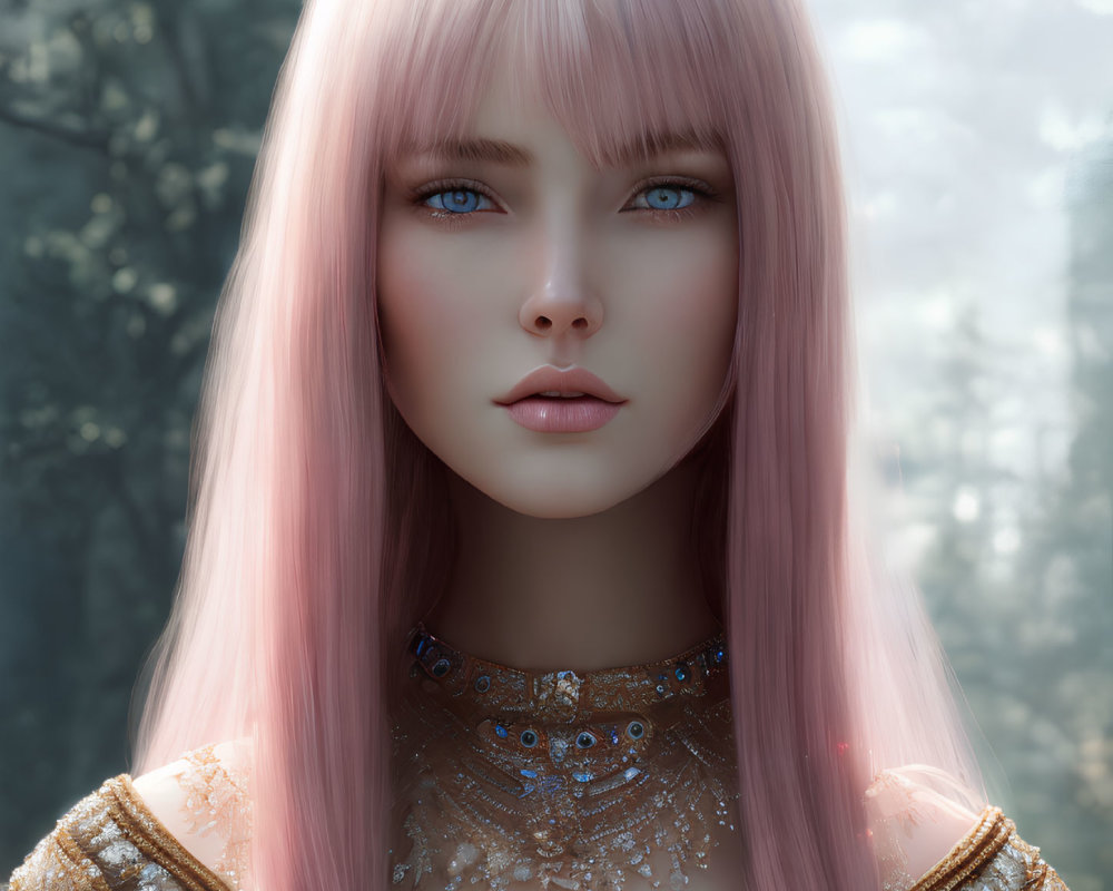 Portrait of a woman with pink hair and blue eyes against forest backdrop