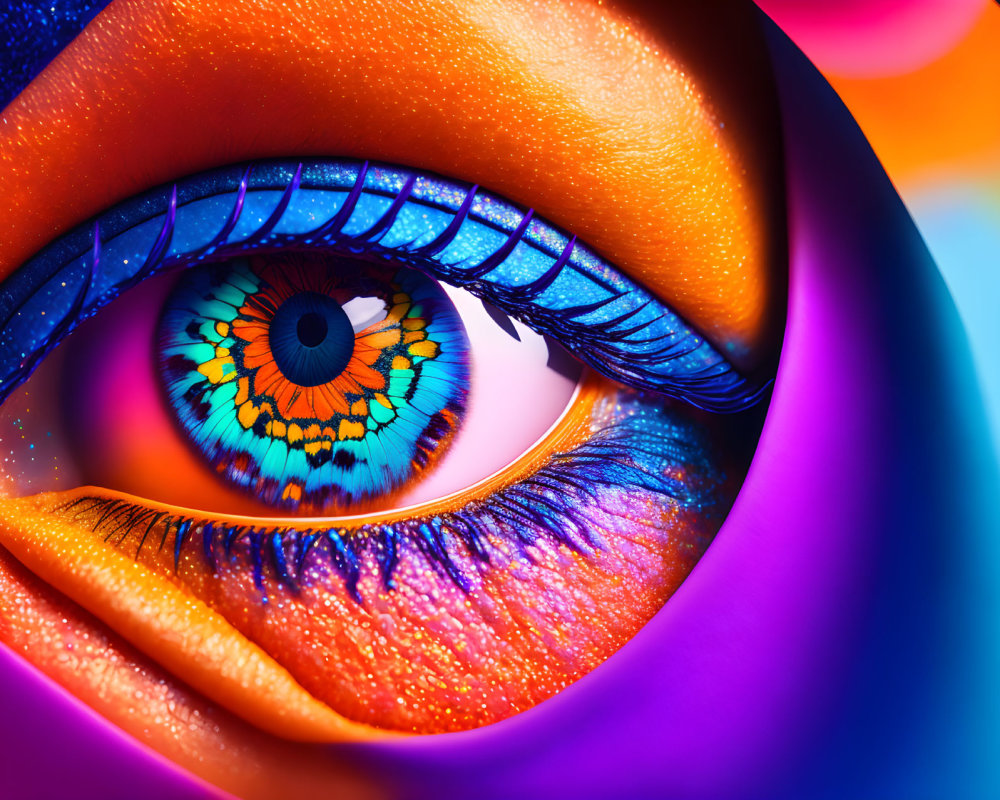 Close-up Image of Vibrant Eye with Colorful Iris and Glittery Eyeshadow